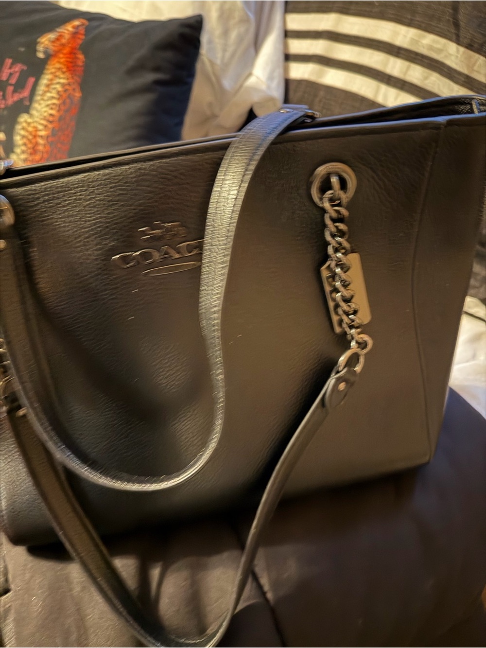 Coach Black Leather Tote with Chain-Detail Straps